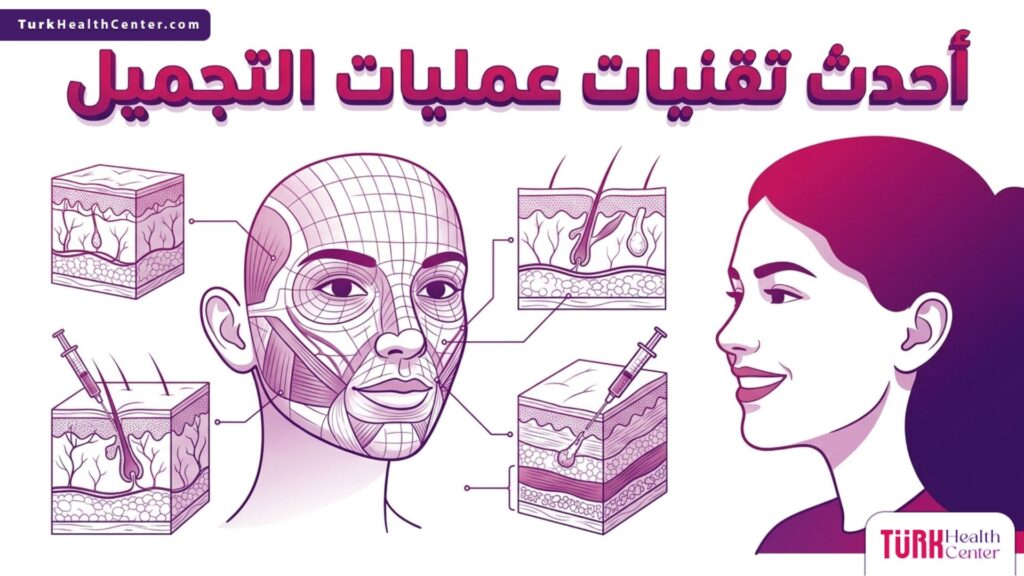 إنفوجرافيك طبي دقيق يوضح خرائط الوجه وطبقات الجلد المرتبطة بـ أحدث تقنيات عمليات التجميل.