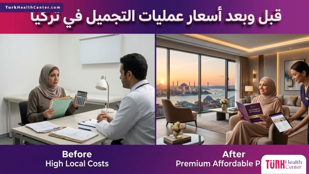 مقارنة بصرية توضح القيمة المضافة ومستوى الرفاهية مقابل أسعار عمليات التجميل في تركيا.
