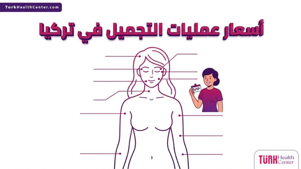 إنفوجرافيك طبي يوضح الخريطة العلاجية المرتبطة مع أسعار عمليات التجميل في تركيا بمختلف مناطق الجسم.