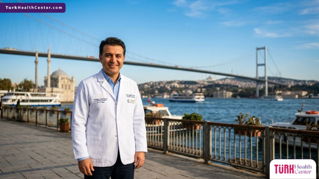 طبيب تجميل محترف أمام جسر البوسفور في إسطنبول، يعكس الثقة والاحترافية المرتبطة مع أسعار عمليات التجميل في تركيا.