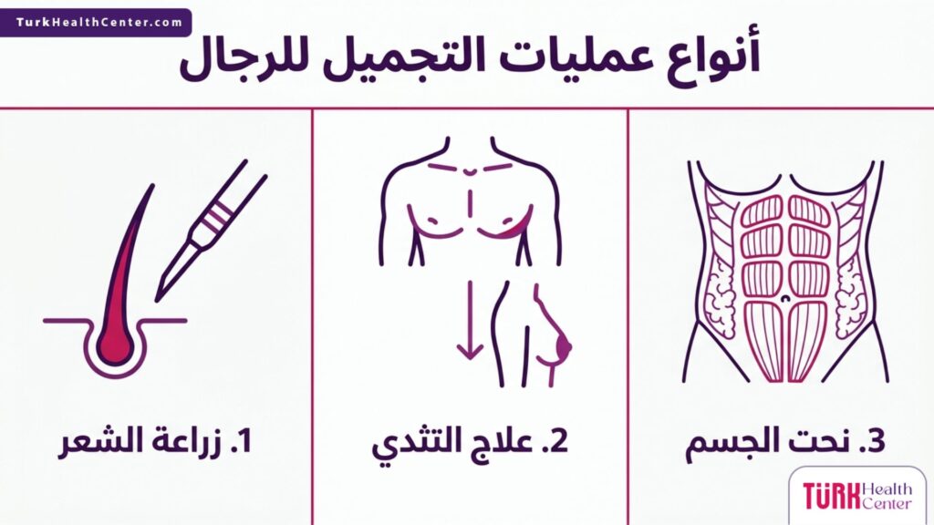 إنفوجرافيك طبي مقسم يوضح 3 من أبرز أنواع عمليات التجميل للرجال وهي زراعة الشعر، علاج التثدي، ونحت الجسم.