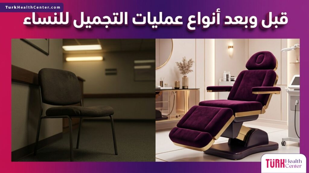 صورة مقارنة تظهر التحول الجذري ومستوى الرفاهية قبل وبعد أنواع عمليات التجميل للنساء في العيادات المتقدمة.