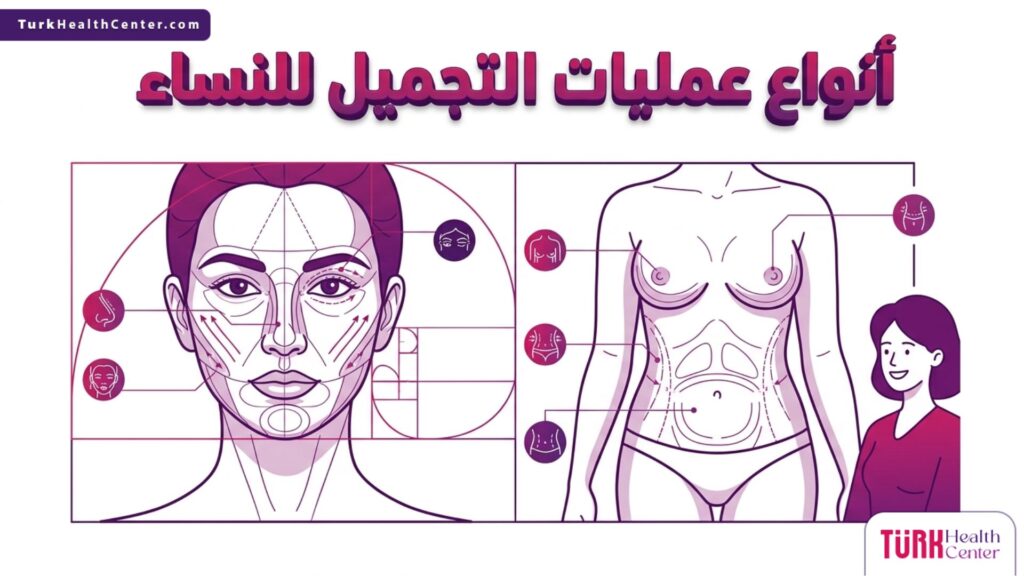 مخطط إنفوجرافيك طبي دقيق يوضح النسب الجمالية والتشريحية المرتبطة بـ أنواع عمليات التجميل للنساء.