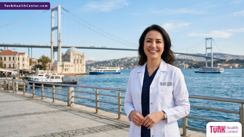 طبيب تجميل متخصص يقف بثقة أمام جسر البوسفور في إسطنبول، ليمثل الوجهة الأولى لـ أنواع عمليات التجميل للنساء.