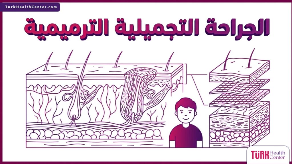 مخطط إنفوجرافيك طبي دقيق يوضح الطبقات التشريحية وكيفية إعادة بناء الأنسجة خلال الجراحة التجميلية الترميمية.