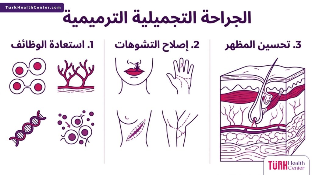 إنفوجرافيك تعليمي يستعرض الخطوات والفوائد الأساسية في الجراحة التجميلية الترميمية.