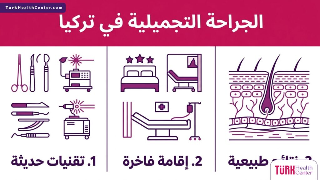 إنفوجرافيك يوضح أهم 3 مميزات لرحلة الجراحة التجميلية في تركيا من التقنيات إلى التعافي.
