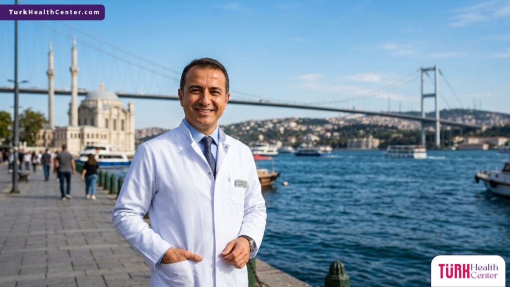 جراح تجميل محترف يقف بثقة أمام جسر البوسفور، ليمثل ريادة الجراحة التجميلية في تركيا.