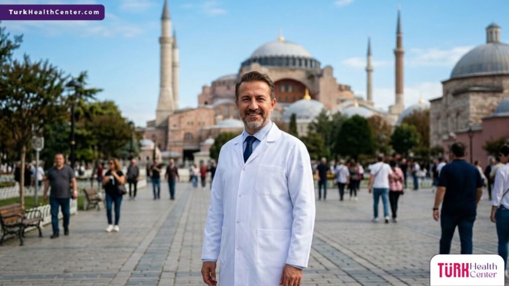 طبيب أسنان متخصص في تبييض الأسنان بالليزر في تركيا يقف بثقة أمام مسجد آيا صوفيا في إسطنبول.