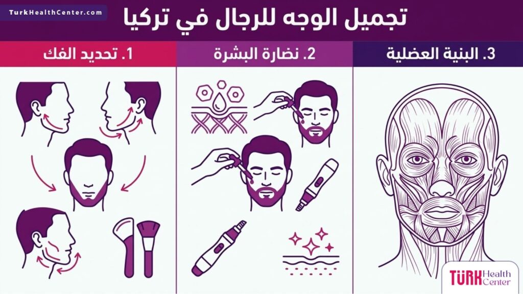  تصميم إنفوجرافيك متجه مقسم يوضح المراحل والتقنيات الأساسية في تجميل الوجه للرجال في تركيا.

