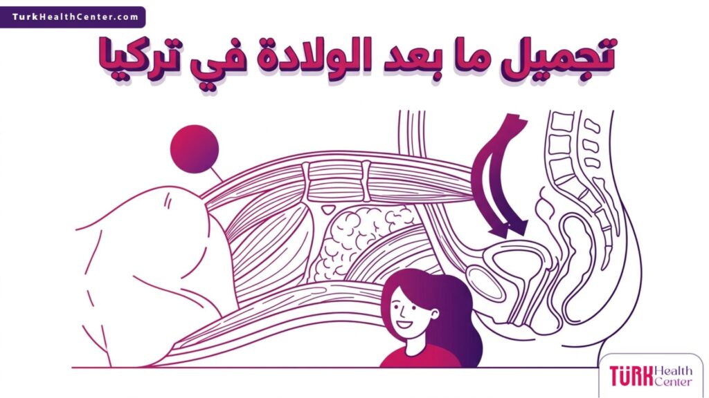 رسم إنفوجرافيك تشريحي يوضح آلية إصلاح العضلات ضمن إجراءات تجميل ما بعد الولادة في تركيا