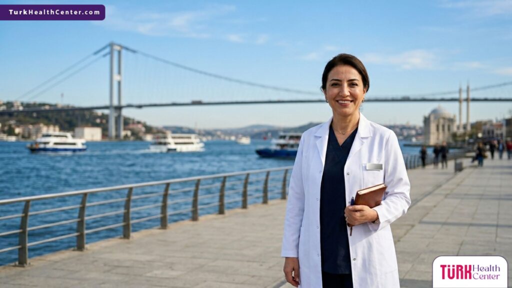 جراح تجميل خبير يقف أمام جسر البوسفور كرمز لتميز تجميل ما بعد الولادة في تركيا