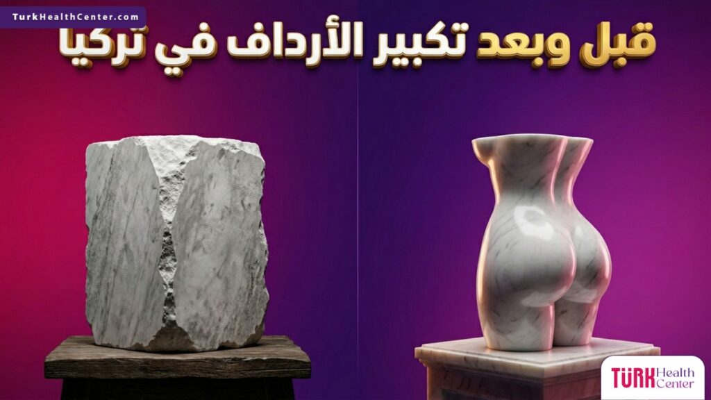 صورة مجازية تقارن بين الشكل قبل وبعد تكبير الأرداف في تركيا باستخدام منحوتة رخامية تبرز تناسق القوام.