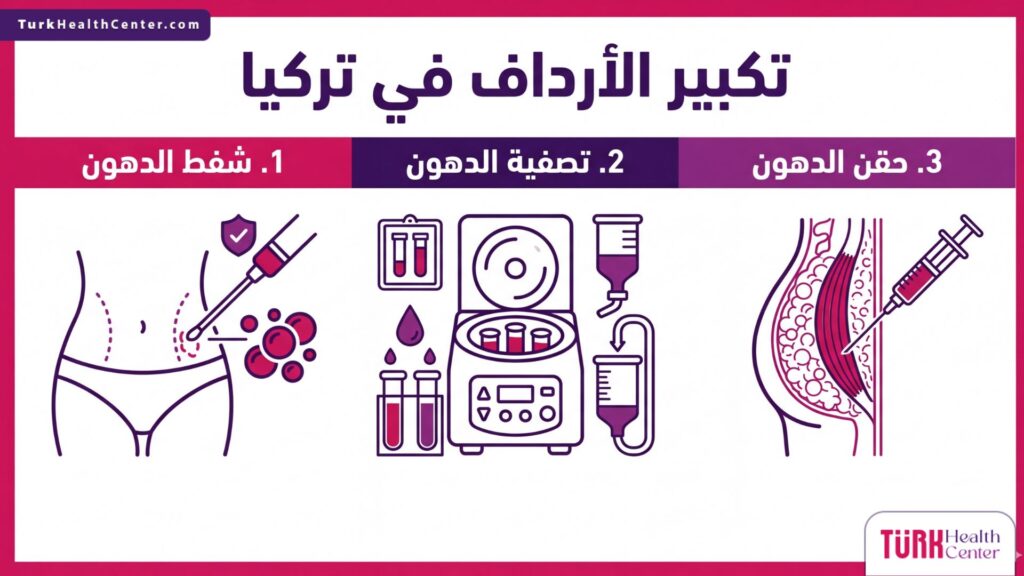 إنفوجرافيك طبي يوضح الخطوات الثلاث الأساسية لعملية تكبير الأرداف في تركيا.