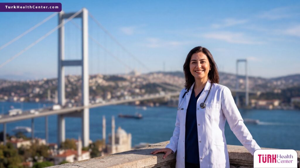 طبيب تجميل متخصص في تكبير الأرداف في تركيا يقف بثقة أمام جسر البوسفور في مدينة إسطنبول.