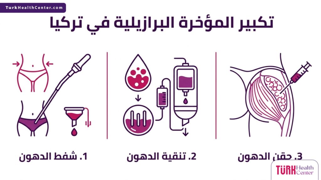 إنفوجرافيك علمي يشرح خطوات وتفاصيل تكبير المؤخرة البرازيلية في تركيا.