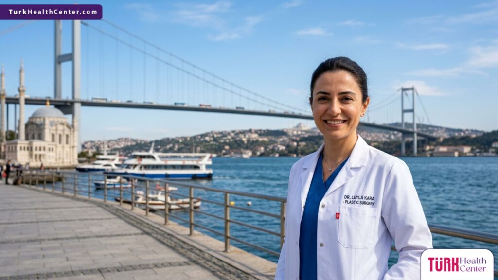 طبيب جراحة تجميل متخصص في تكبير المؤخرة البرازيلية في تركيا يقف أمام جسر البوسفور في اسطنبول.