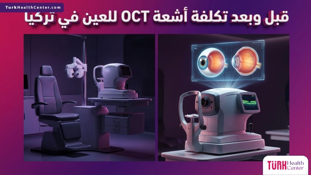 صورة مقارنة توضح دقة التشخيص قبل وبعد تكلفة أشعة OCT للعين في تركيا.