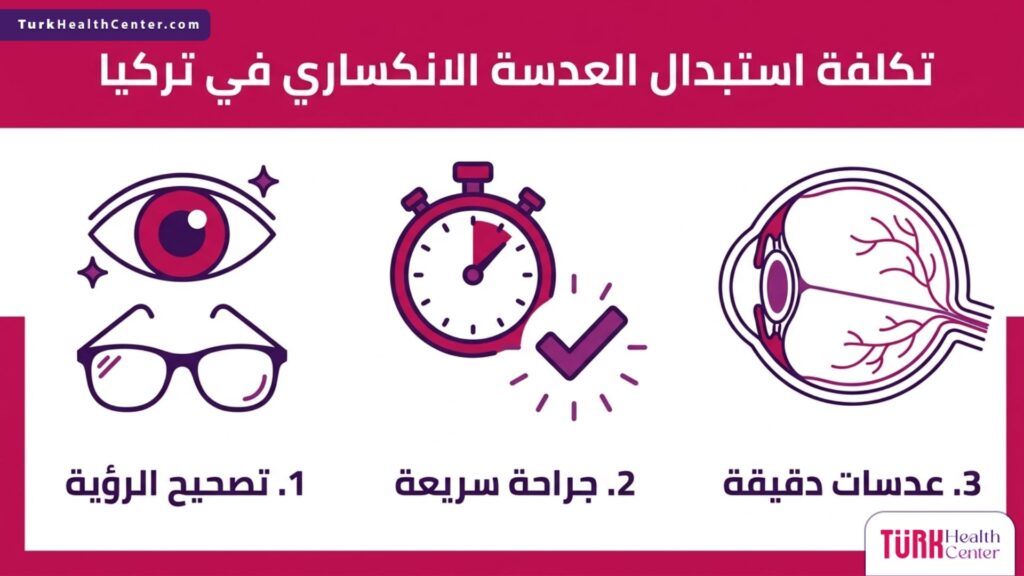 إنفوجرافيك مقسم يوضح خطوات ومزايا الإجراء الطبي المرتبط بموضوع تكلفة استبدال العدسة الانكساري في تركيا.