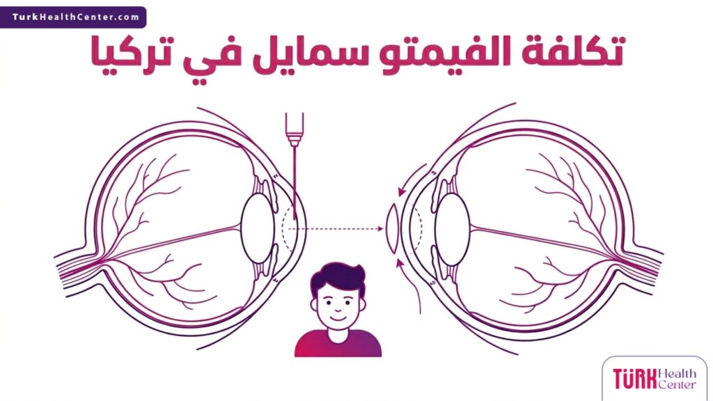 إنفوجرافيك تشريحي دقيق يوضح بنية العين وتقنية الليزر، معنون بعبارة تكلفة الفيمتو سمايل في تركيا.