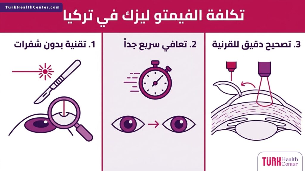 تصميم إنفوجرافيك علمي يوضح خطوات ومزايا العملية المرتبطة بـ تكلفة الفيمتو ليزك في تركيا.