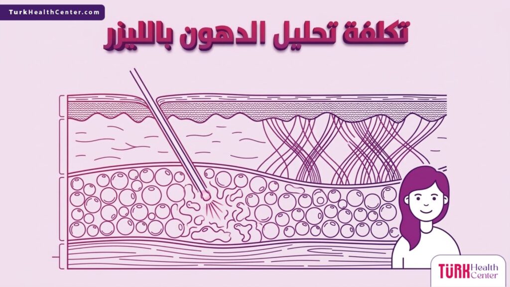 إنفوجرافيك تشريحي دقيق يوضح كيفية عمل ألياف الليزر على تذويب الخلايا الدهنية كجزء من توضيح تكلفة تحليل الدهون بالليزر.