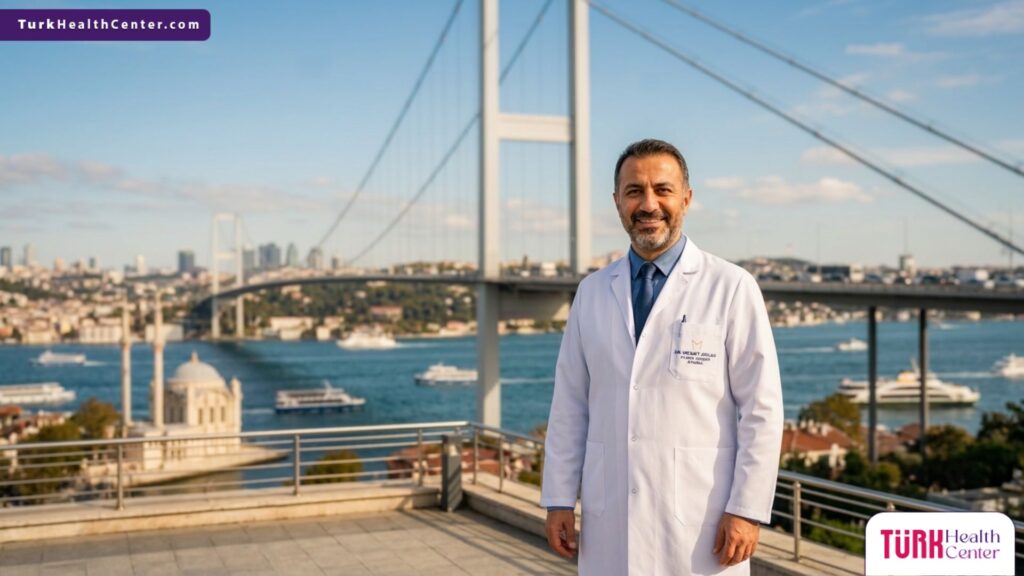 طبيب تجميل متخصص يقف بثقة أمام جسر البوسفور في إسطنبول، كواجهة للسياحة العلاجية وتقديم تفاصيل تكلفة تحليل الدهون بالليزر.