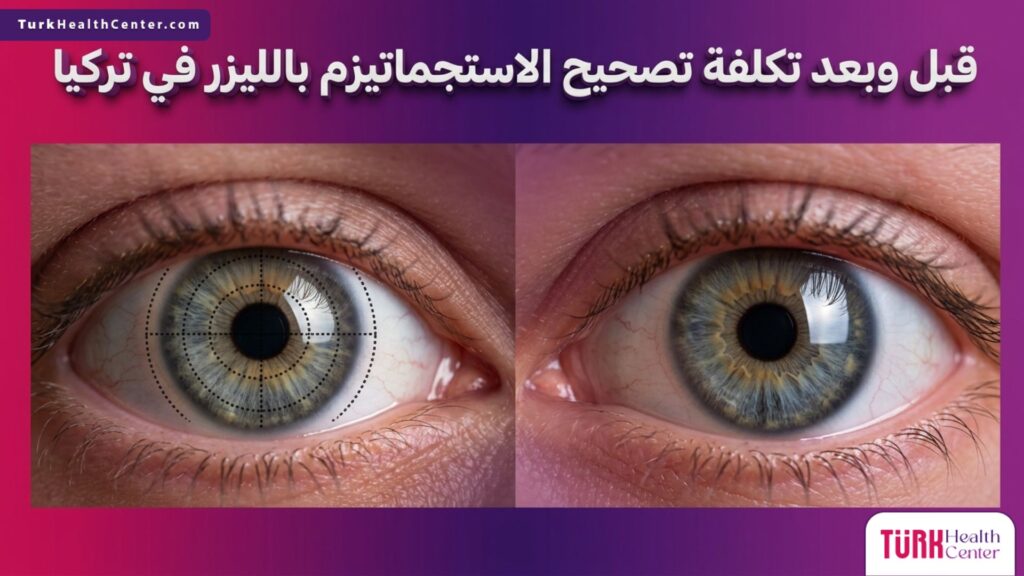 صورة مقسومة تظهر شكل القرنية قبل وبعد العملية مع توضيح تكلفة تصحيح الاستجماتيزم بالليزر في تركيا.