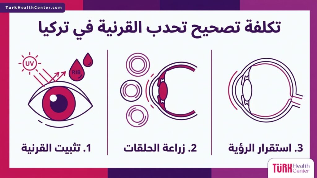 مخطط طبي يشرح ثلاث مراحل أساسية للعلاج مرتبطة بـ تكلفة تصحيح تحدب القرنية في تركيا.