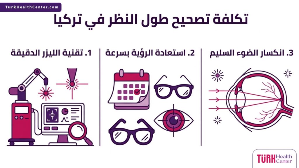 مخطط إنفوجرافيك يشرح الخطوات العلمية وتقنيات الليزر الحديثة المستخدمة ضمن باقات تكلفة تصحيح طول النظر في تركيا.