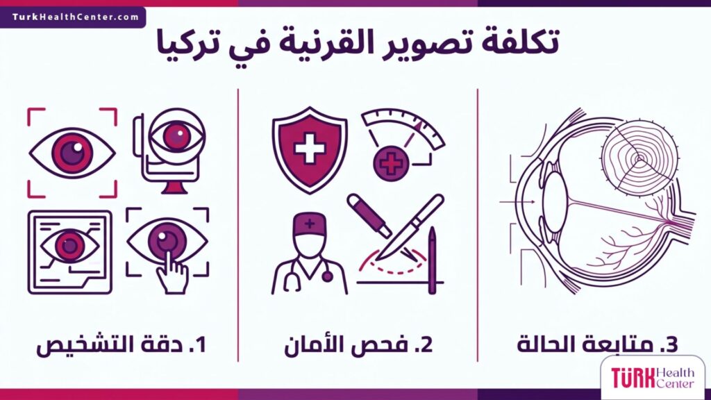 إنفوجرافيك طبي مقسم لثلاثة أجزاء يشرح الفوائد العلمية والطبية لمعرفة تكلفة تصوير القرنية في تركيا.