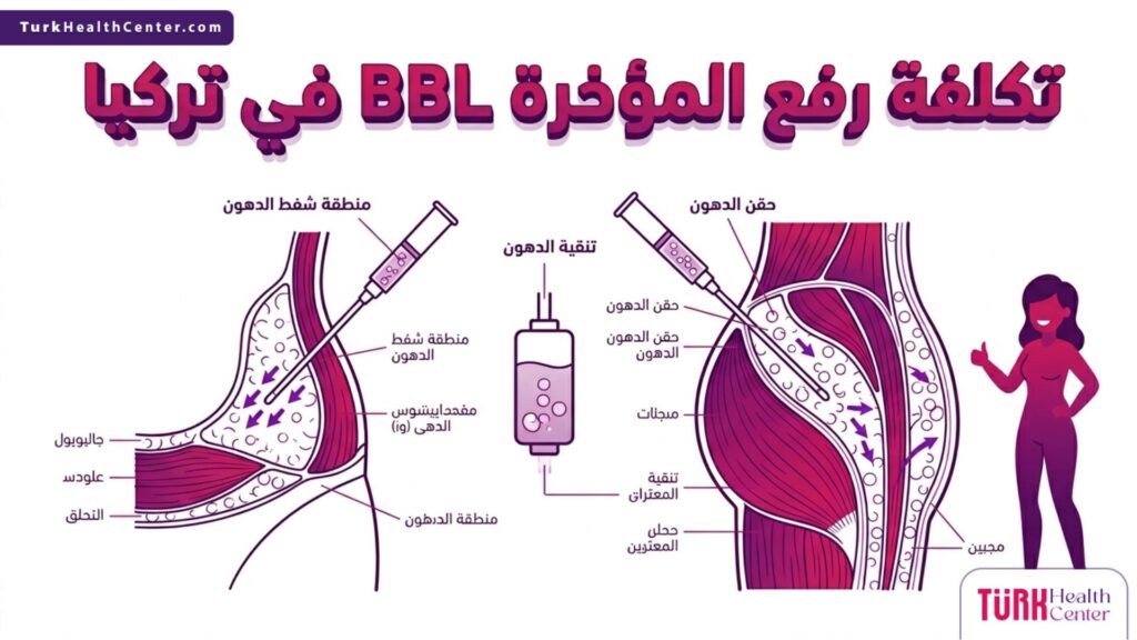 رسم توضيحي طبي ثلاثي الأبعاد يوضح التشريح الداخلي وآلية حقن الدهون المرتبطة بموضوع تكلفة رفع المؤخرة BBL في تركيا.