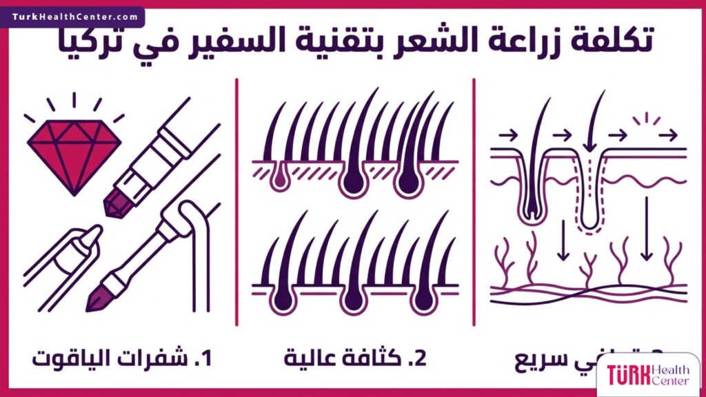إنفوجرافيك يوضح خطوات ومميزات و تكلفة زراعة الشعر بتقنية السفير في تركيا