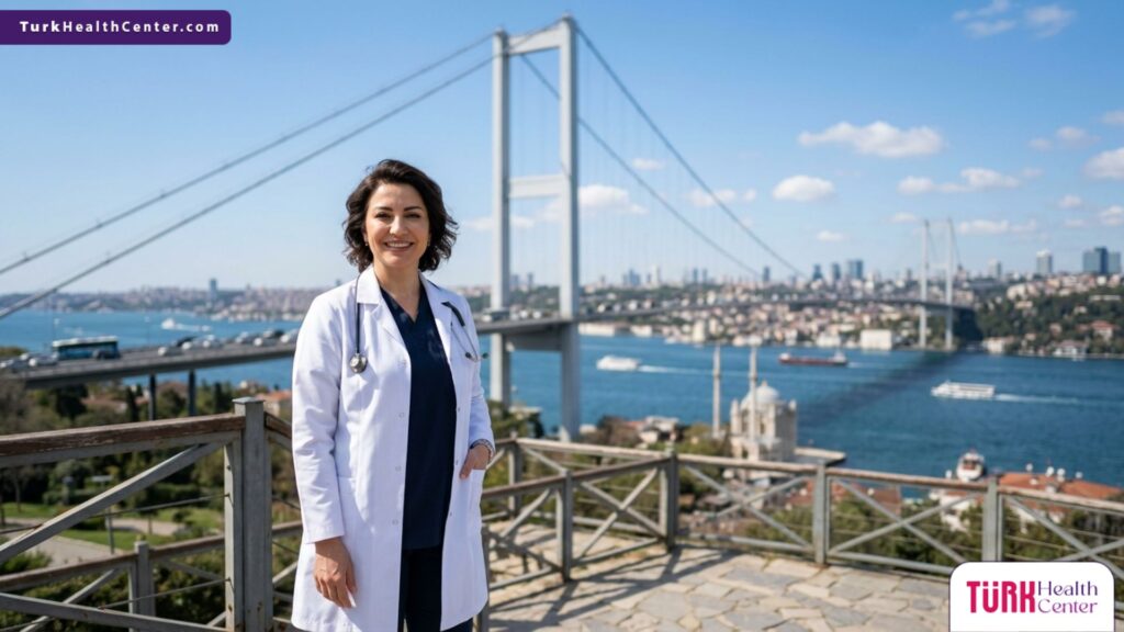 طبيب زراعة شعر يقف أمام جسر البوسفور في اسطنبول ليمثل الوجهة المثالية للباحثين عن تكلفة زراعة الشعر بتقنية DHI في تركيا.