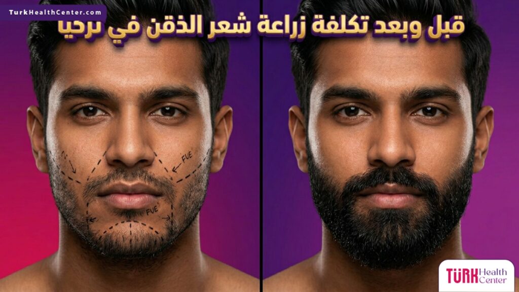 مقارنة قبل وبعد توضح نتائج الاستثمار في تكلفة زراعة شعر الذقن في تركيا والخطوط الطبية الأولية.