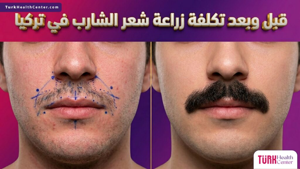 مقارنة قبل وبعد توضح نتائج العملية وتأثير تكلفة زراعة شعر الشارب في تركيا على كثافة الشعر.