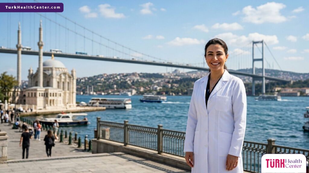 طبيب متخصص يقف أمام جسر البوسفور، يمثل جودة الخدمات المقدمة مقابل تكلفة زراعة شعر الشارب في تركيا.