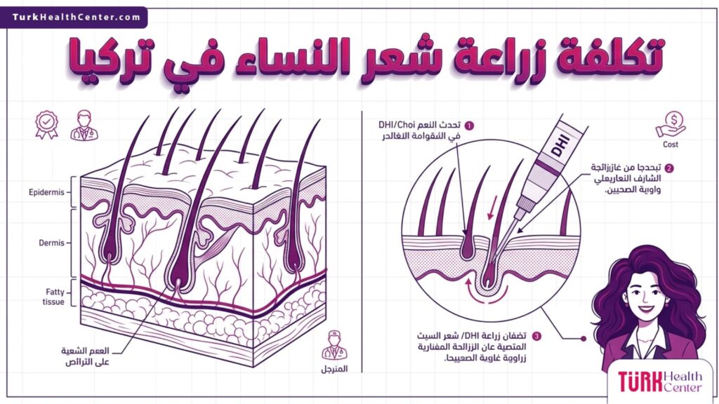 إنفوجرافيك تشريحي يوضح آلية غرس البصيلات المرتبطة بـ تكلفة زراعة شعر النساء في تركيا بتقنية DHI.