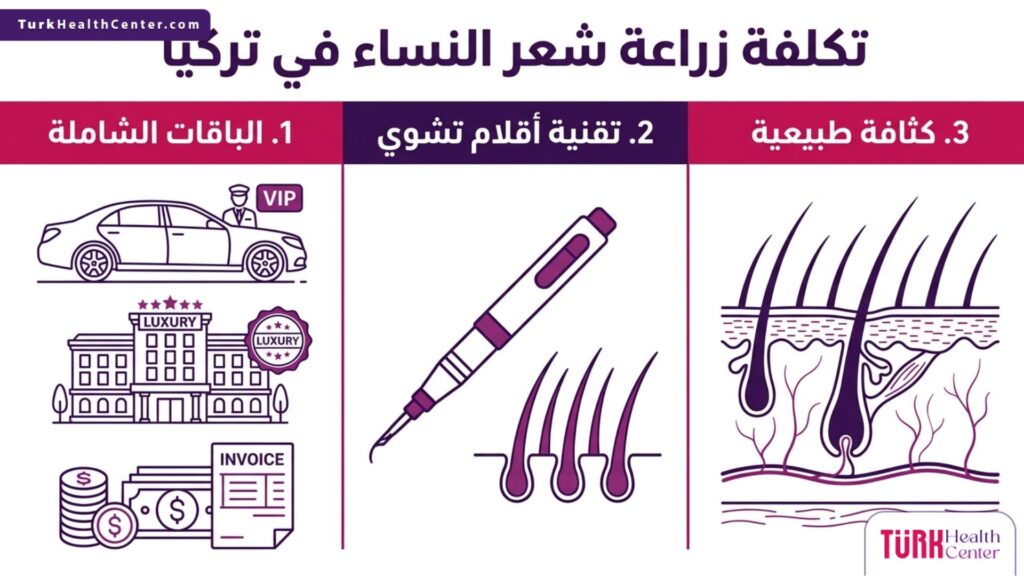 تصميم إنفوجرافيك يستعرض العوامل الثلاثة المحددة لـ تكلفة زراعة شعر النساء في تركيا والباقات المتاحة.
