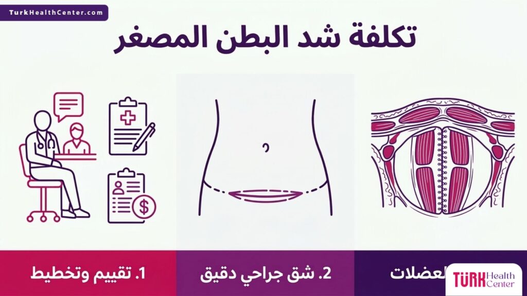 إنفوجرافيك طبي تفصيلي يوضح الخطوات الثلاث الأساسية المشمولة في تكلفة شد البطن المصغر.