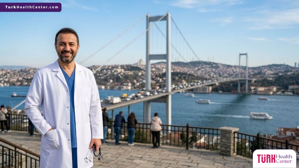 جراح تجميل خبير يقف أمام جسر البوسفور في إسطنبول، تركيا، الوجهة الأفضل الباحثين عن أفضل تكلفة شد البطن المصغر.