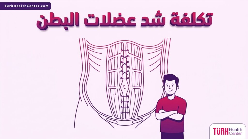 إنفوجرافيك تشريحي دقيق يوضح عملية ترميم الجدار العضلي والتي تحدد تكلفة شد عضلات البطن.