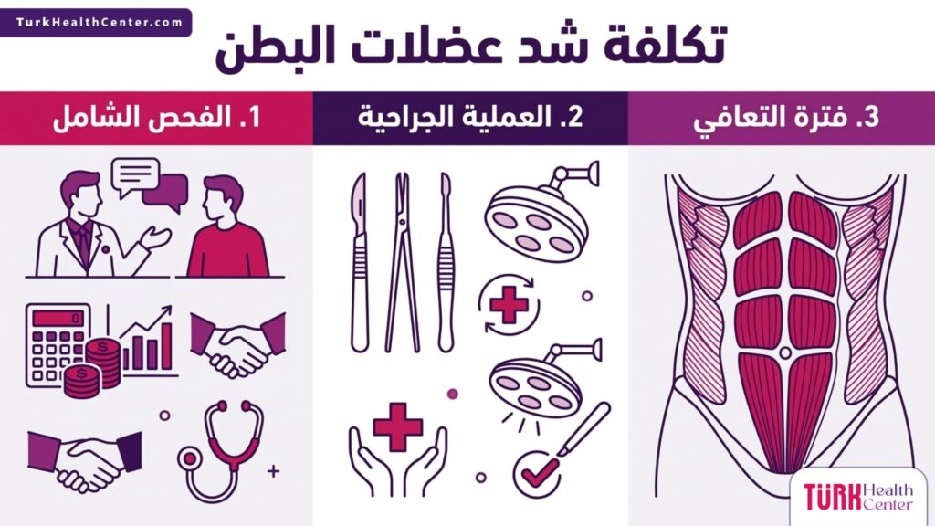 تصميم إنفوجرافيك طبي يوضح المراحل الأساسية الثلاث التي تؤثر على تكلفة شد عضلات البطن.