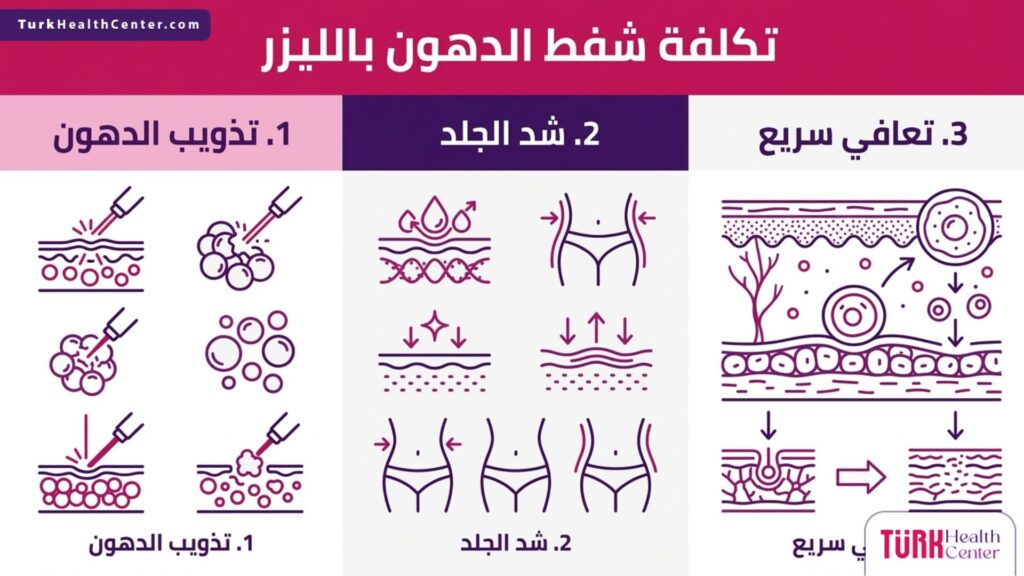 تصميم إنفوجرافيك يوضح ثلاث فوائد رئيسية تبرر تكلفة شفط الدهون بالليزر بأسلوب علمي مبسط.