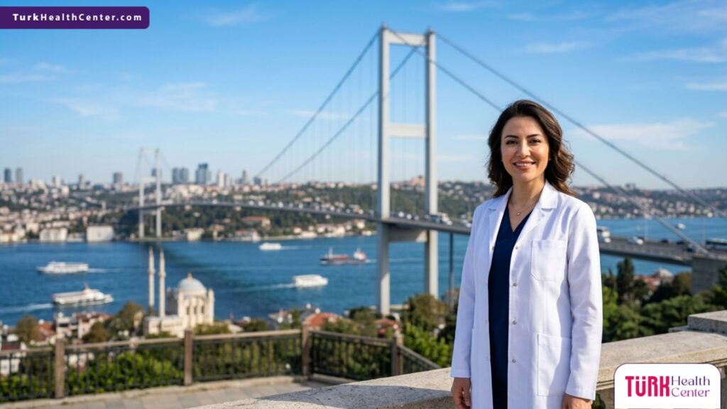 طبيب جراحة تجميل متخصص يقف بثقة أمام جسر البوسفور، لتقديم استشارات حول تكلفة شفط الدهون بالليزر في تركيا.