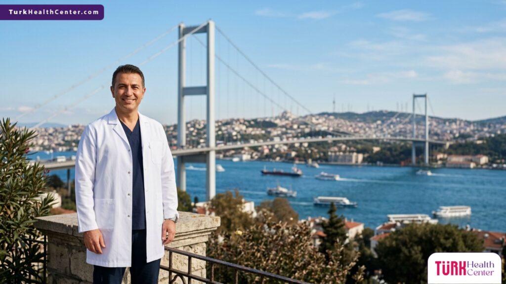 طبيب تجميل متخصص يقف أمام جسر البوسفور، لتمثيل وجهتك المفضلة للحصول على أفضل تكلفة شفط الدهون بتقنية VASER.