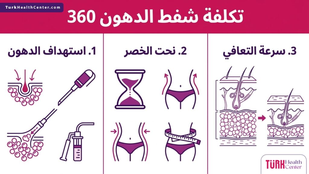 تصميم إنفوجرافيك يشرح الخطوات الثلاث الأساسية التي تحدد تكلفة شفط الدهون 360