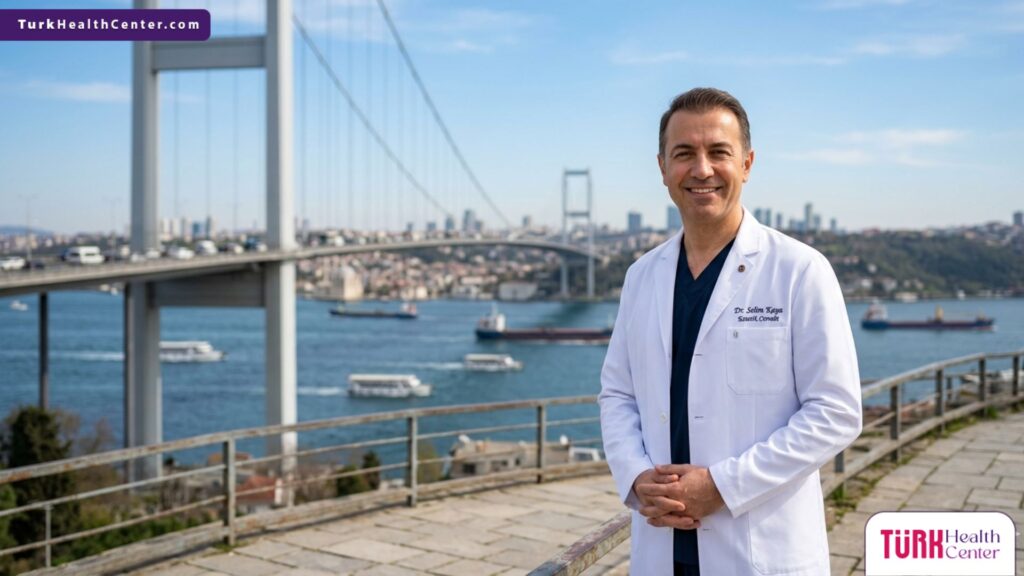 طبيب تجميل متخصص يقف أمام جسر البوسفور في إسطنبول، الوجهة الرائدة لمعرفة أفضل تكلفة شفط دهون الأفخاذ.