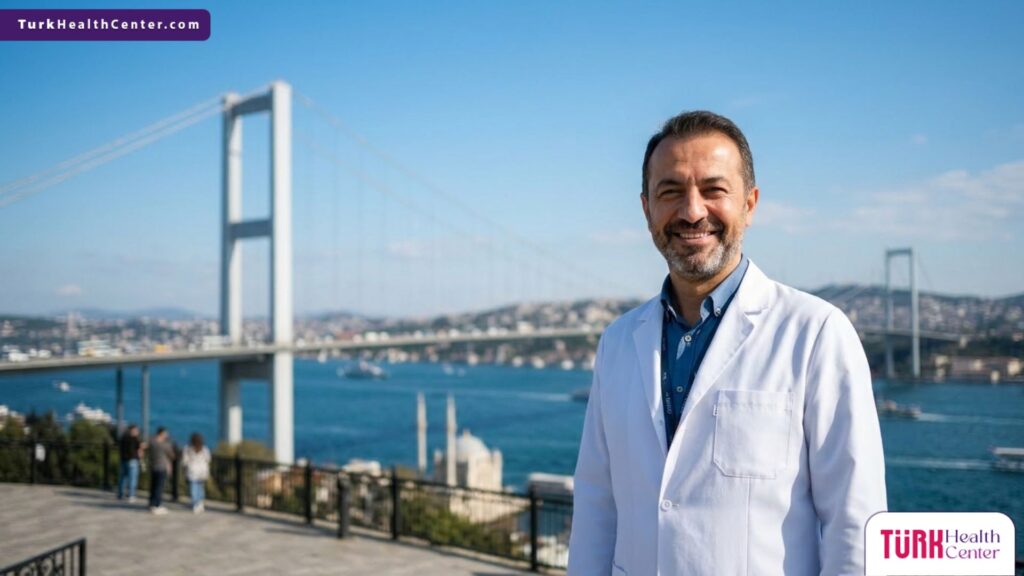 طبيب جراحة تجميلية يبتسم أمام جسر البوسفور في إسطنبول، يمثل الوجهة الأمثل للباحثين عن أفضل تكلفة شفط دهون الخصر في تركيا.