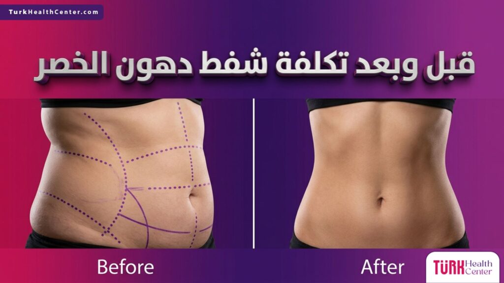 صورة مقسمة واقعية توضح الفرق قبل وبعد العملية مع إبراز تأثير تكلفة شفط دهون الخصر على نحت القوام.
